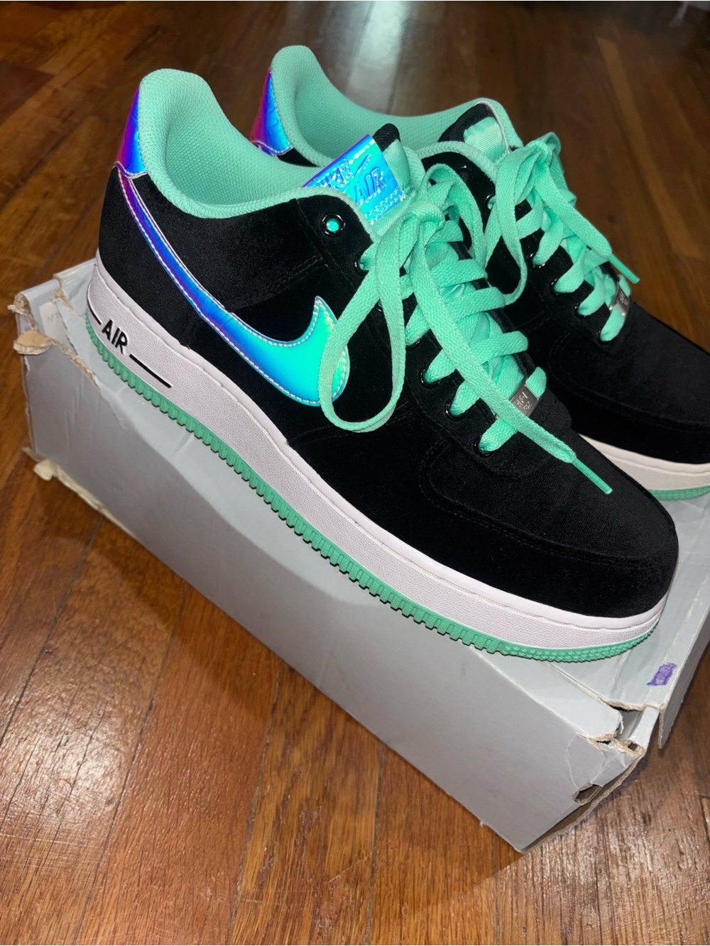 Nike Air Force 1 Low Black with Mint and Iridescent Blue Swoosh
